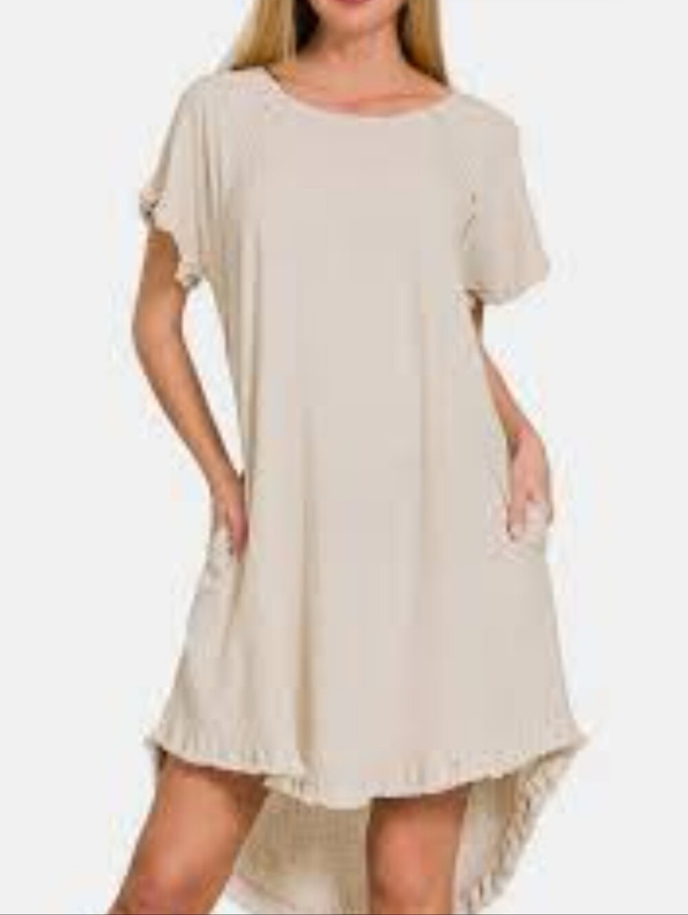 Umgee Beige High-Low Short Sleeve Dress with Fringe Hem